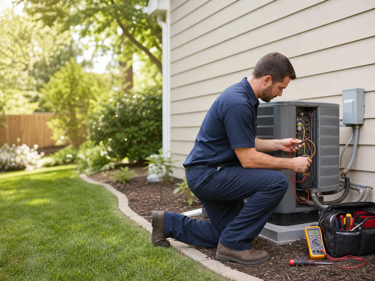 A model technician inspecting an outdoor air-conditioning unit